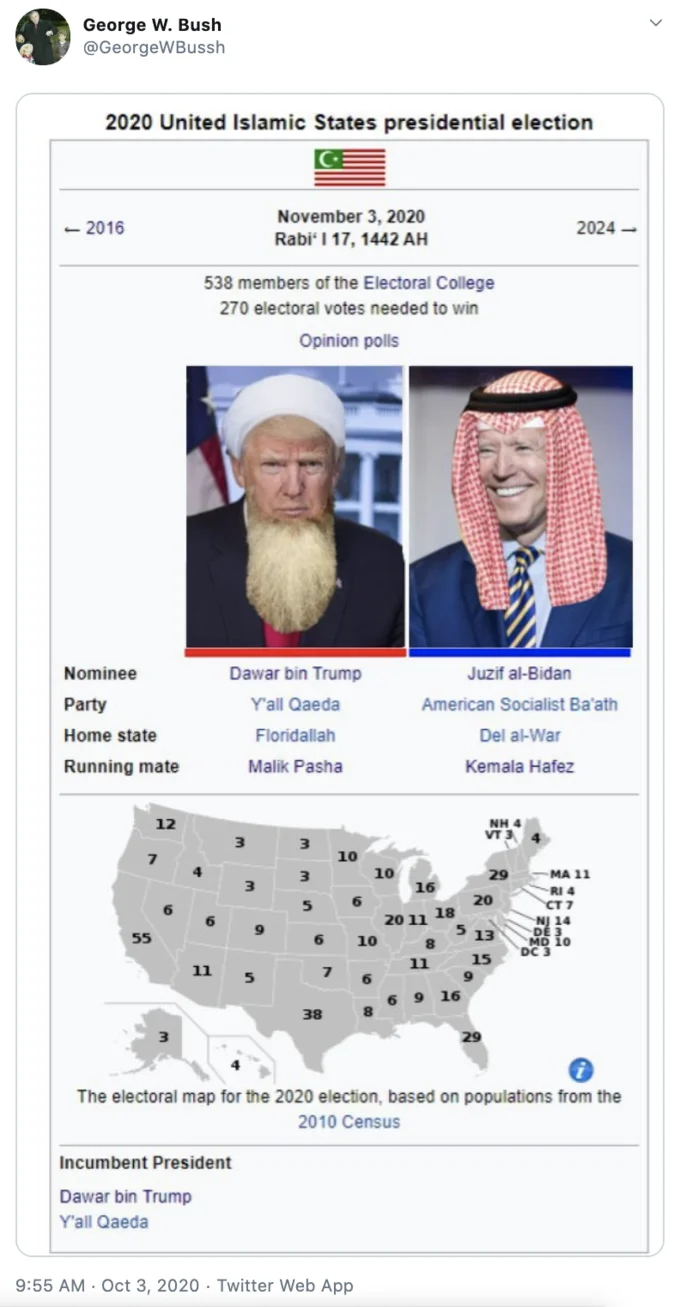 Trump Vs Biden Election Parodies — Tweet from @GeorgeWBussh displaying Middle Eastern election parody.