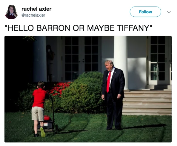 Trump Yelling At Lawn Mowing Boy — Twitter post asking if boy is Barron or Tiffany with lawn mowing meme.