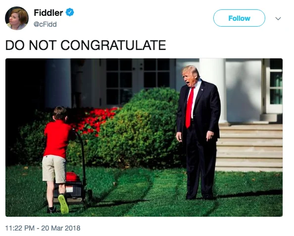 Trump Yelling At Lawn Mowing Boy — Twitter post with 'DO NOT CONGRATULATE' text over lawn meme.