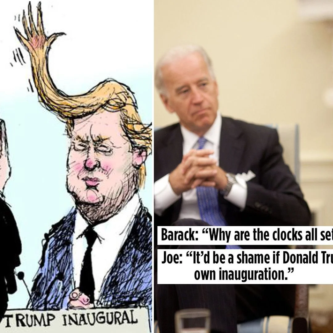 Political meme comparing Trump and Biden using caricature with exaggerated blonde hair and real photograph with humorous dialogue.