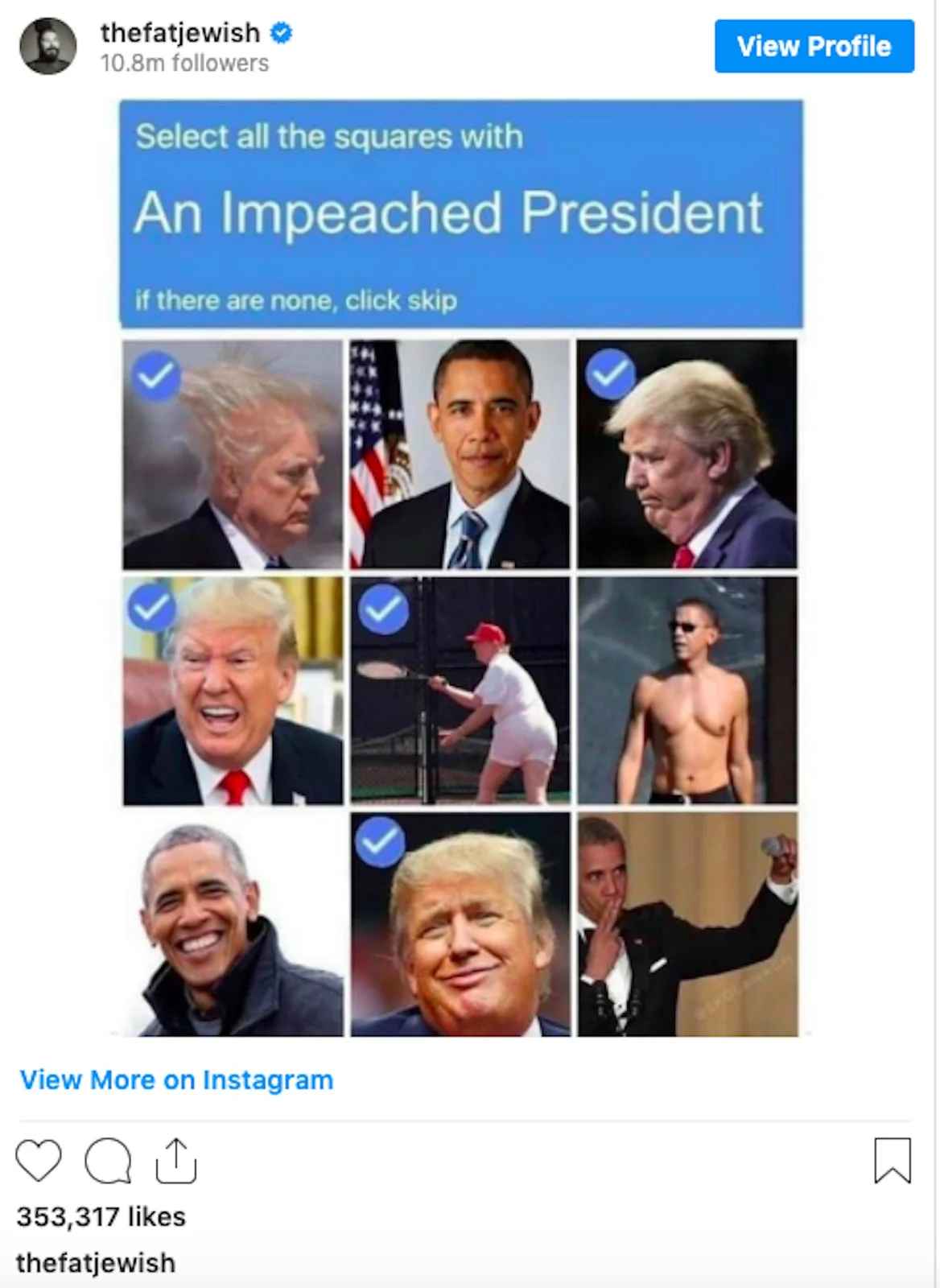 Trump — Instagram screenshot of CAPTCHA-style meme asking users to select squares containing impeached president in 3x3 grid.