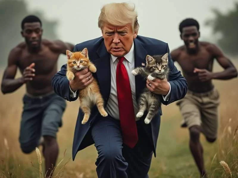 Surreal meme featuring Trump in business attire holding two orange cats while background figures run.