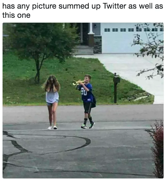 Twitter post captioned 'has any picture summed up Twitter as well as this one' featuring the Trumpet Boy image