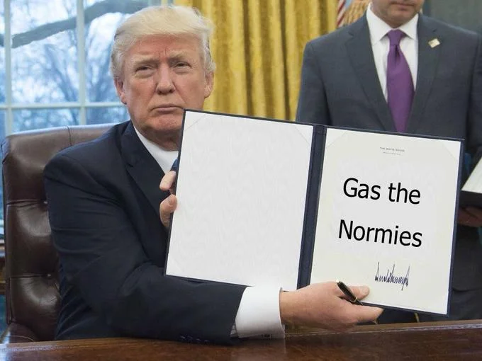 Trump's First Order of Business — Trump executive order meme with graffiti-style tag replacing the document text.