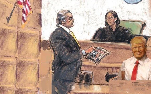 Trump's Republican Presidents Painting — Courtroom sketch with Trump's painting face added to the defendant's seat