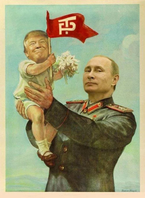 Trumputin — Soviet propaganda parody showing Putin in uniform holding baby Trump with a communist flag