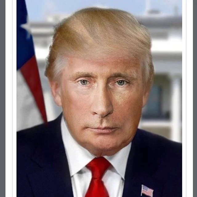 Trumputin — Fake presidential portrait blending Trump and Putin faces with American flag backdrop