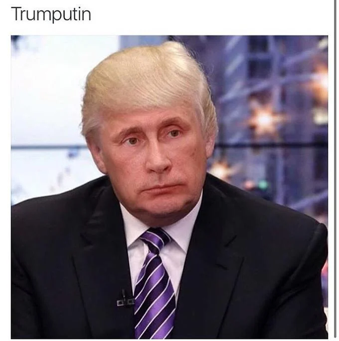 Trumputin meme showing Trump's face blended with Putin's features in a dark suit