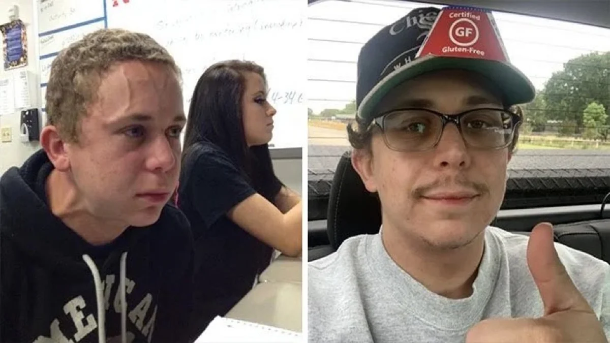 Trying to Hold a Fart Next to a Cute Girl in Class — Split banner showing original fart-holding meme photo beside a later selfie of the same subject in a cap