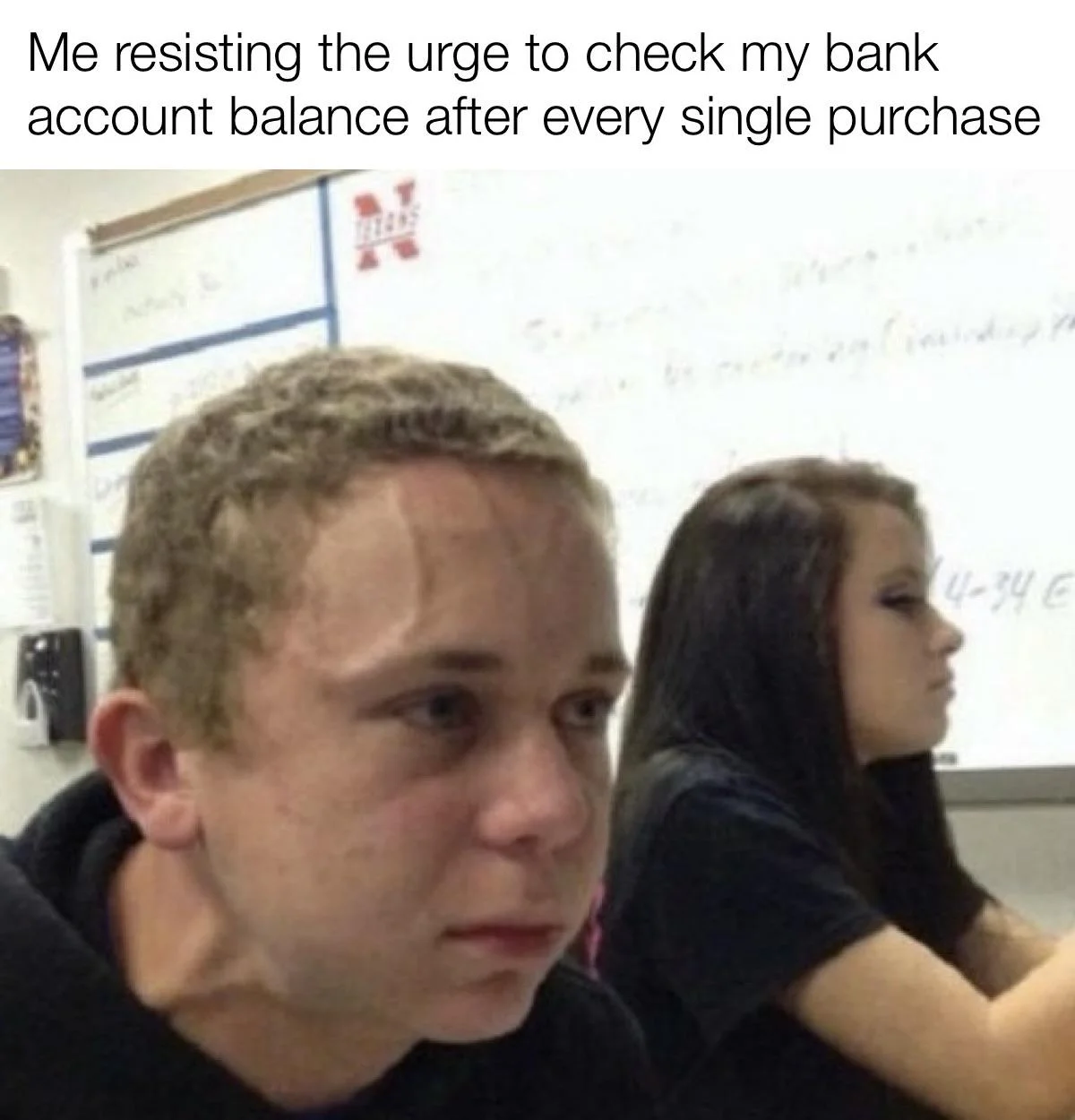 Trying to Hold a Fart Next to a Cute Girl in Class — Recolored meme with the boy given red hair, makeup and a feminist fist logo under a satirical caption