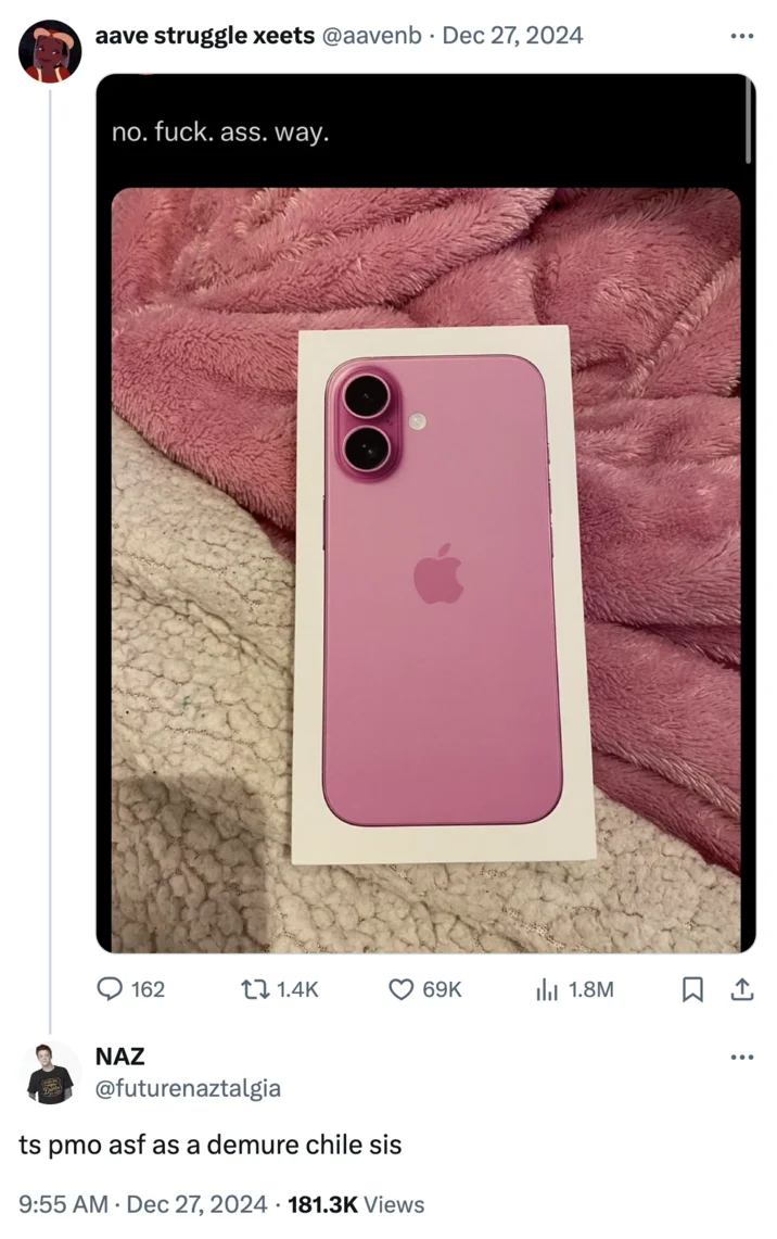 Ts Pmo Icl — Twitter screenshot with a pink iPhone photo and a reply reading 'ts pmo asf as a demure chile sis'