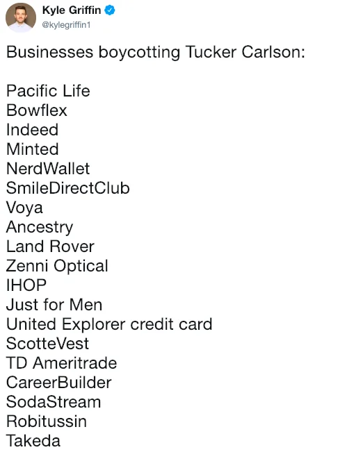 Kyle Griffin tweet listing companies boycotting Tucker Carlson
