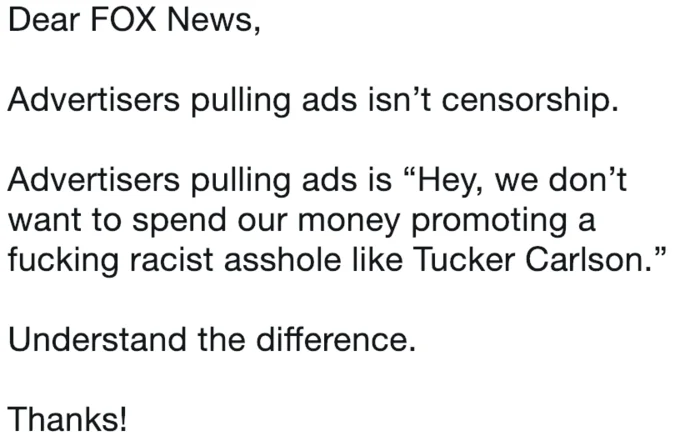 Tucker Carlson — Open letter to Fox News distinguishing advertiser boycotts from censorship