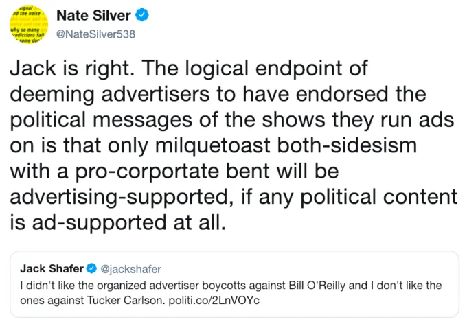 Tucker Carlson — Nate Silver tweet quoting Jack Shafer about advertiser boycotts