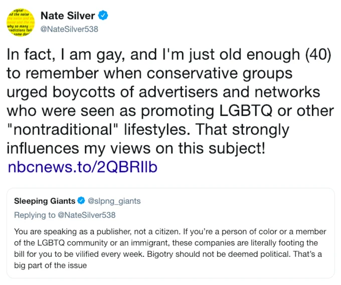 Tucker Carlson — Nate Silver reply to Sleeping Giants about advertiser boycotts and LGBTQ history