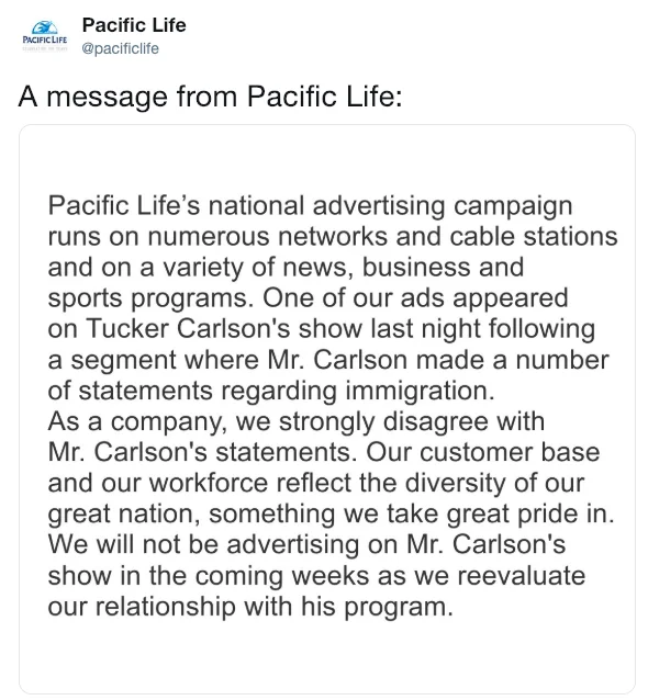 Pacific Life tweet announcing pullout of ads from Tucker Carlson's show