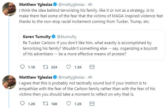 Matthew Yglesias tweets replying to Karen Tumulty about Tucker Carlson's family