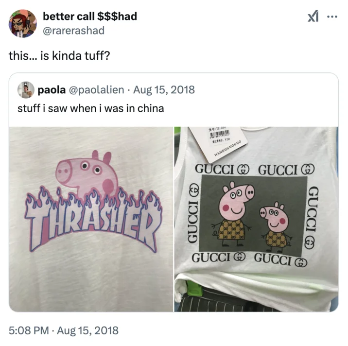 Tuff So Tuff The Way He X Is So Tuff — Tweet reading 'this... is kinda tuff?' over bootleg Peppa Pig Thrasher and Gucci t-shirts