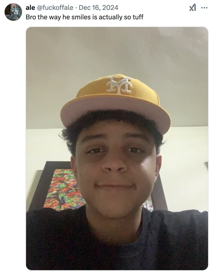 Tuff So Tuff The Way He X Is So Tuff — Tweet 'Bro the way he smiles is actually so tuff' over a selfie of a boy in a yellow Mets cap