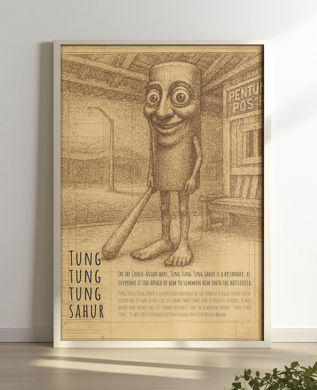 Tung Tung Tung Sahur — Museum-quality framed print of character in white gallery setting.