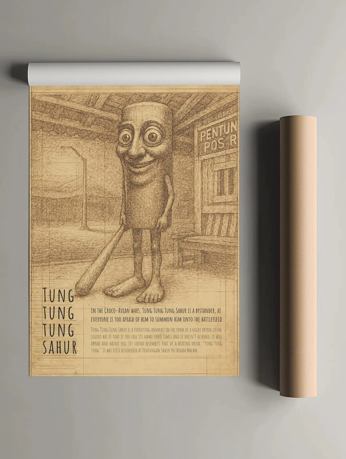 Tung Tung Tung Sahur — Canvas scroll and sepia-toned vintage art print of character.