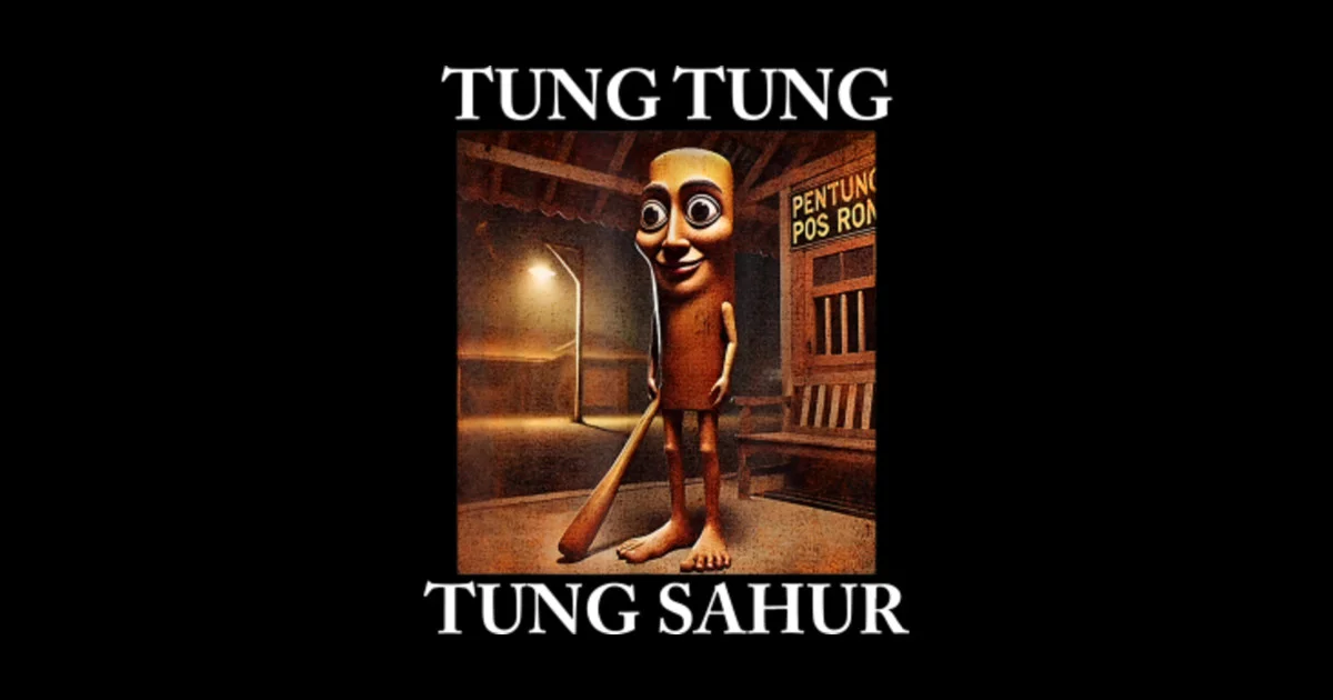 Wooden character in warm shadowy interior with 'TUNG TUNG TUNG SAHUR' text.