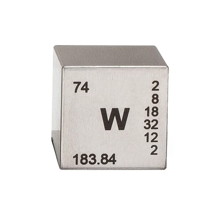 Polished metallic tungsten element cube showing atomic symbol engraving