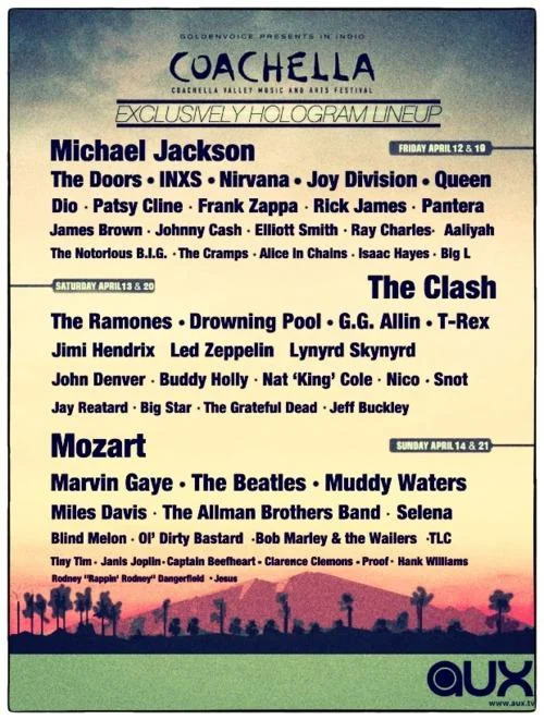 Tupac Hologram — Parody Coachella hologram lineup poster featuring deceased musicians