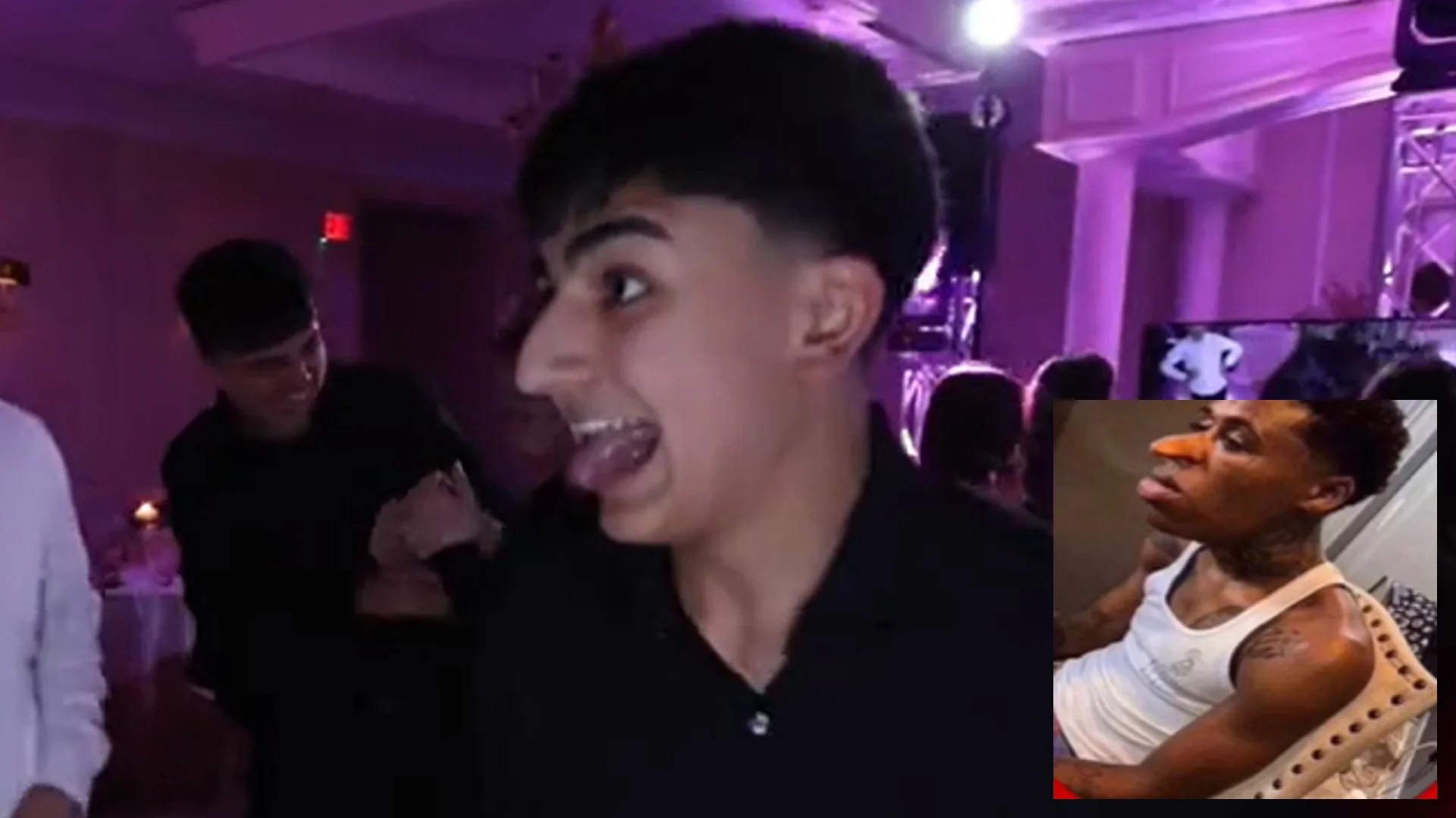 Turkish Quandale Dingle Tiktok Rizz Party — Turkish teen with braces yelling at camera at purple-lit TikTok party with NBA YoungBoy reaction inset