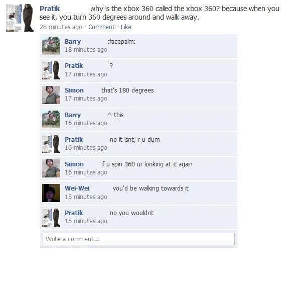 Turn 360 Degrees And Walk Away — Facebook comment thread mocking a user who posted the turn 360 degrees joke