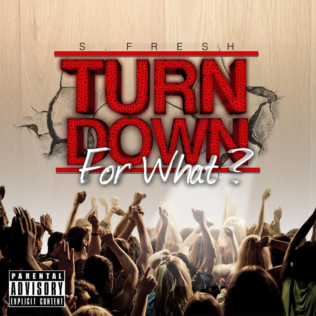 Turn Down For What — Promotional graphic with bold red 3D text and crowd with raised hands.