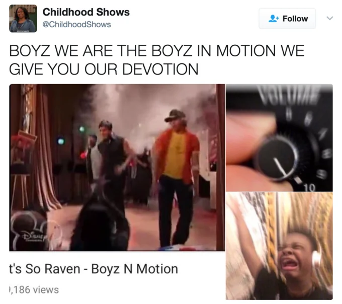 Turn Up the Volume — Tweet with That's So Raven Boyz N Motion clip paired with volume knob and screaming boy