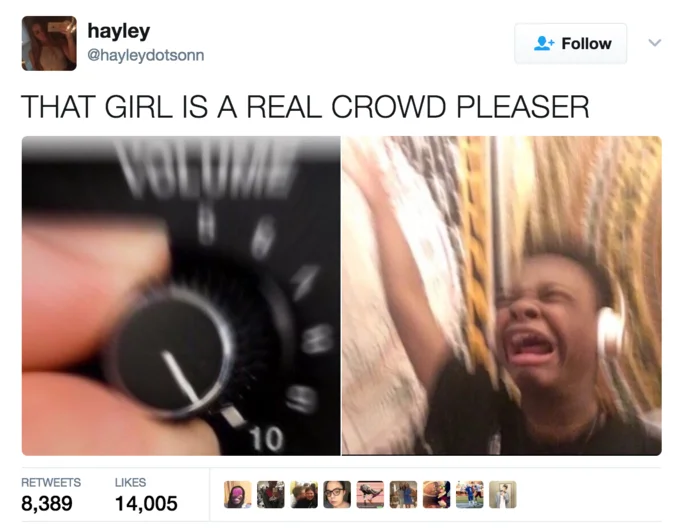 Turn Up the Volume — Tweet showing volume knob turned up next to screaming boy with headphones