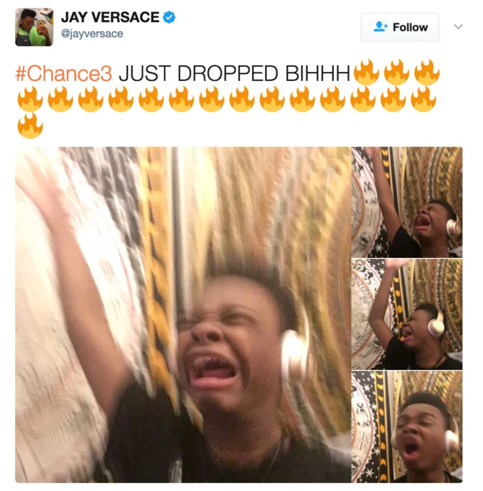 Turn Up the Volume — Jay Versace tweet reacting to Chance 3 album drop with screaming boy with headphones collage