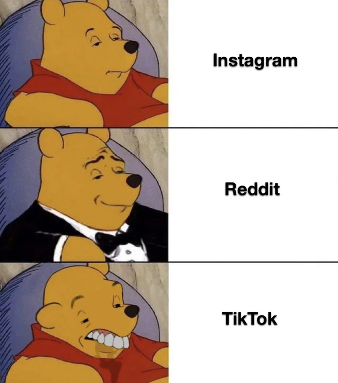 Tuxedo Winnie Pooh — Three-panel meme comparing Winnie expressions across social platforms.