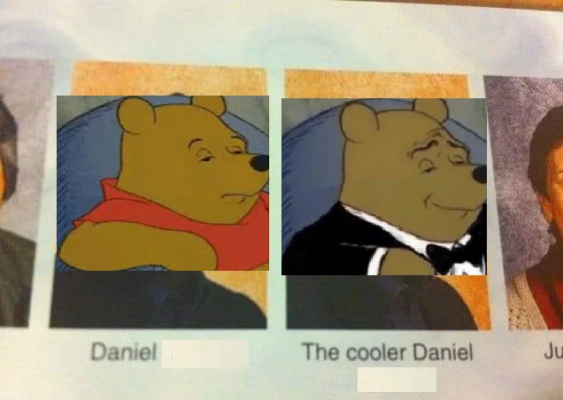 Tuxedo Winnie the Pooh — Tuxedo Winnie in rounded frame with grammar-related text caption above.