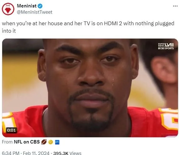 TV On HDMI 2 With Nothing Plugged In — Meninist tweet with crying Chiefs player and HDMI 2 caption