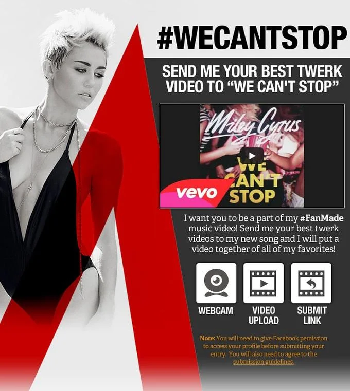 Twerking — Miley Cyrus #WeCantStop promotional graphic soliciting fan-made twerk videos