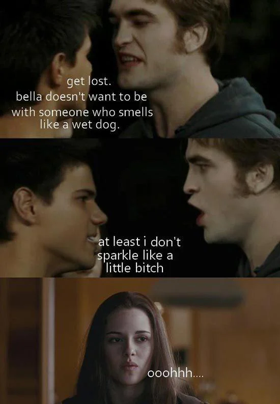 Twilight Comics — Three-panel strip with Jacob and Edward hurling insults.