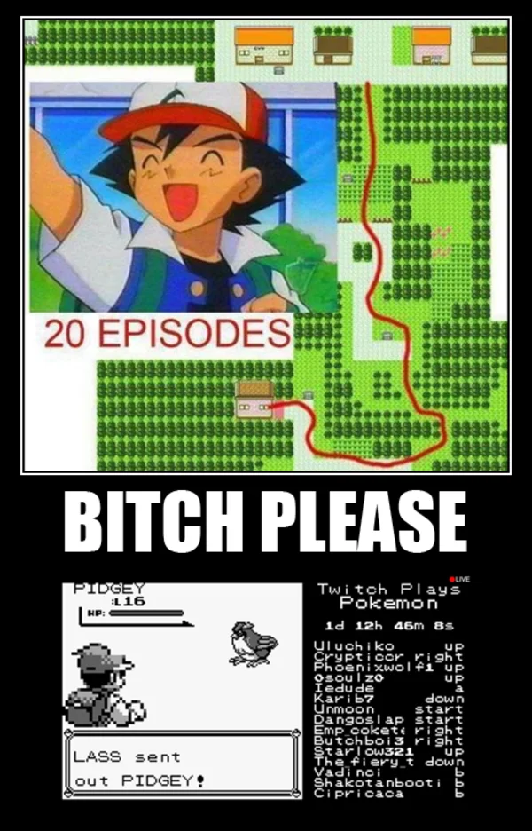 Twitch Plays Pokemon — Ash's smug expression with game code satirizing stream difficulty.