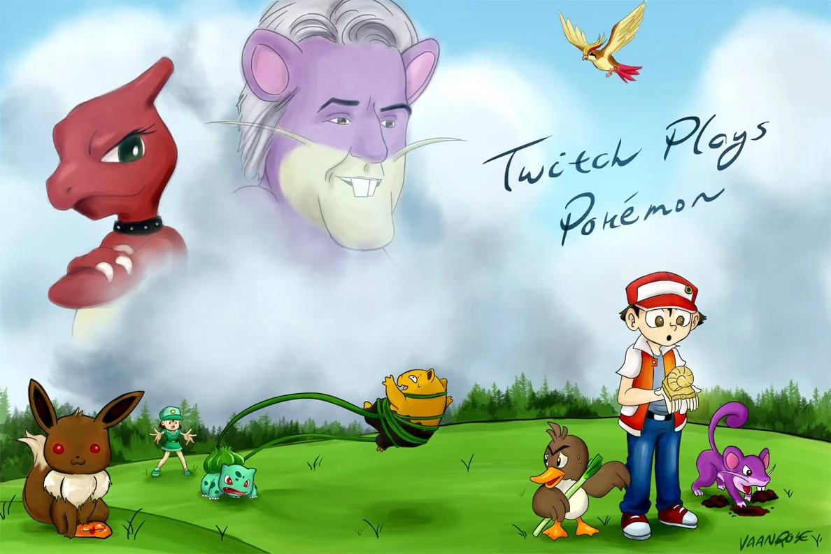 Twitch Plays Pokemon — Fan illustration of assembled Pokemon team in landscape scene.