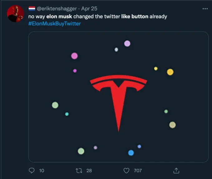 Twitter Changed The Color Of The Like Button — Tweet by eriktenshagger joking about Elon Musk changing the Twitter like button with a Tesla logo image