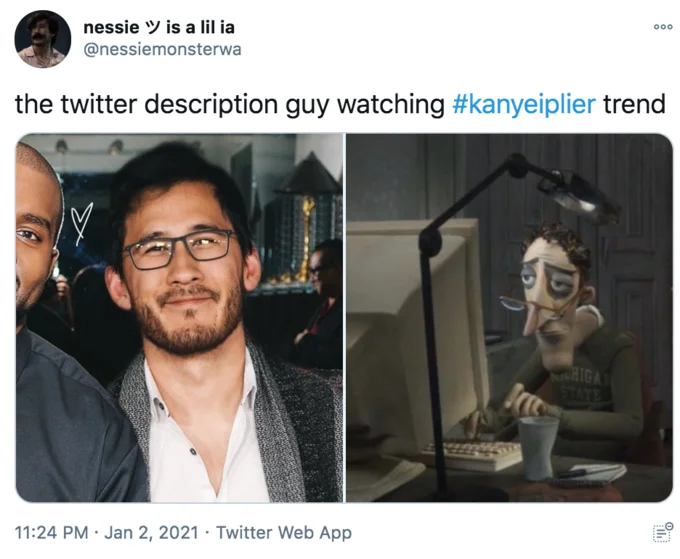 Twitter Description Guy — Two-panel meme with Coraline Dad's bewildered response to trends.