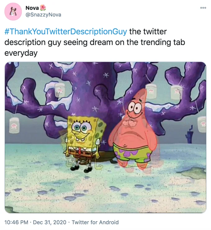 Twitter Description Guy — SpongeBob and Patrick confronted with bizarre Minecraft Dream SMP trends.