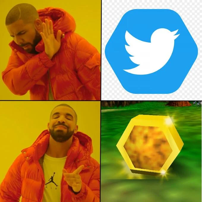 Twitter Hexagonal NFT Profile Pictures — Drake meme rejecting Twitter hexagon logo and approving a hexagonal game ring