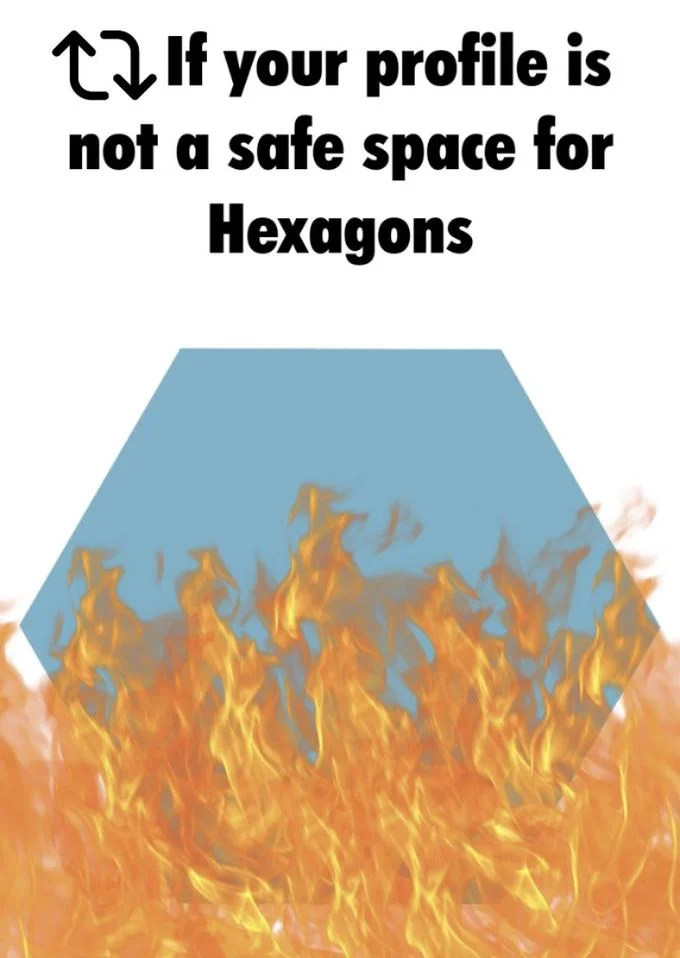 Twitter Hexagonal NFT Profile Pictures — Image of blue hexagon on fire with text defending hexagons as a safe space