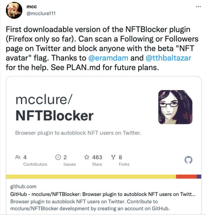 Twitter Hexagonal NFT Profile Pictures — Tweet announcing NFTBlocker Firefox plugin that auto-blocks NFT avatar users on Twitter