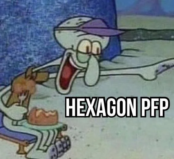 Twitter Hexagonal NFT Profile Pictures — Squidward laughing meme with HEXAGON PFP text overlay