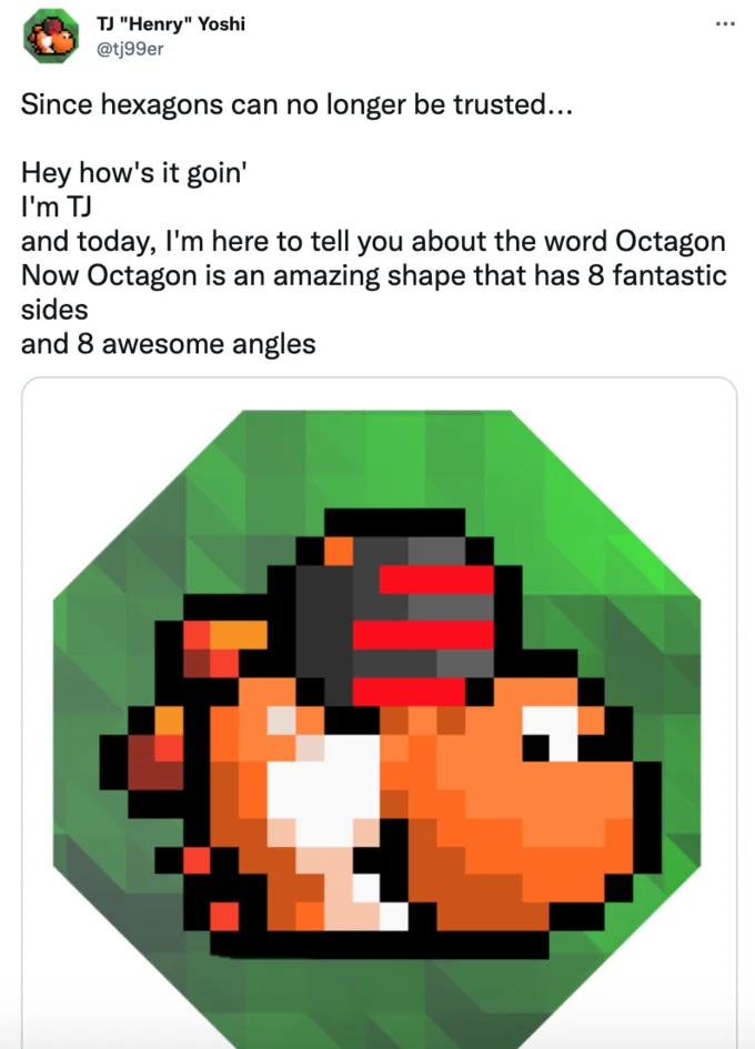 Twitter Hexagonal NFT Profile Pictures — Tweet promoting octagons over hexagons with pixel art Yoshi in octagonal frame