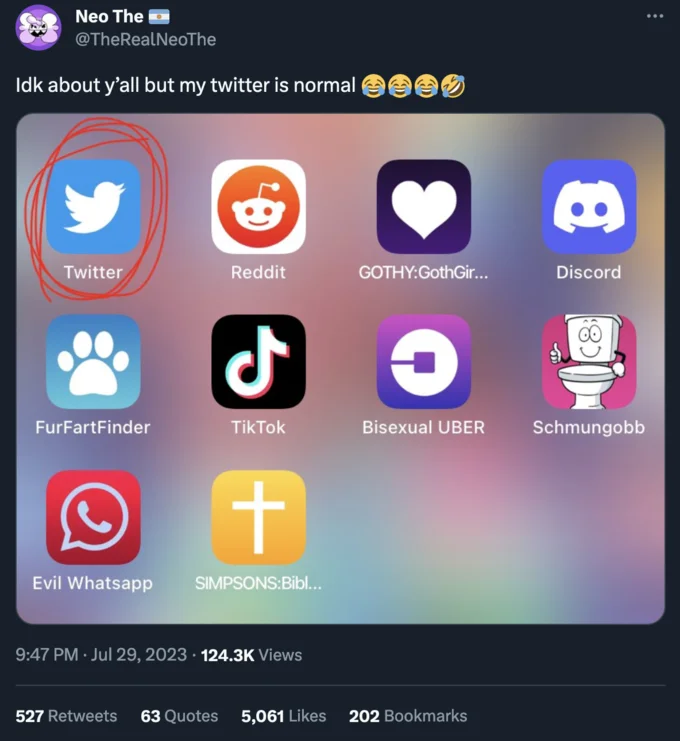 Twitter/X Rebrand Memes — Phone home screen with bizarre unhinged apps and Twitter icon circled in red.